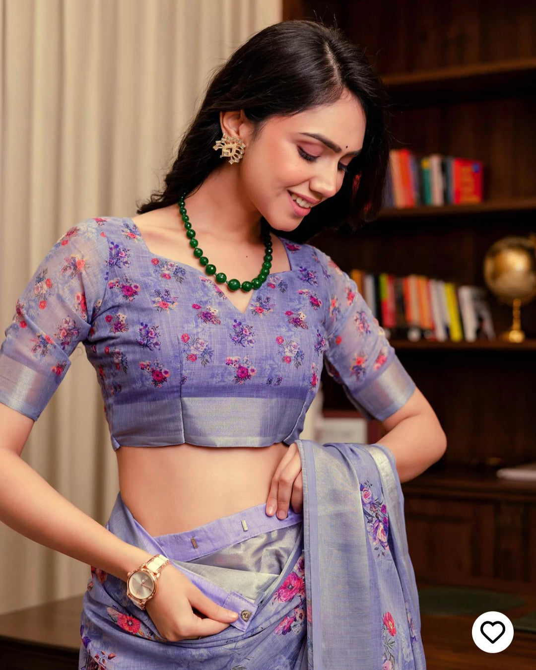Ready To Wear Lavender Linen Woven Border Floral Printed Saree
