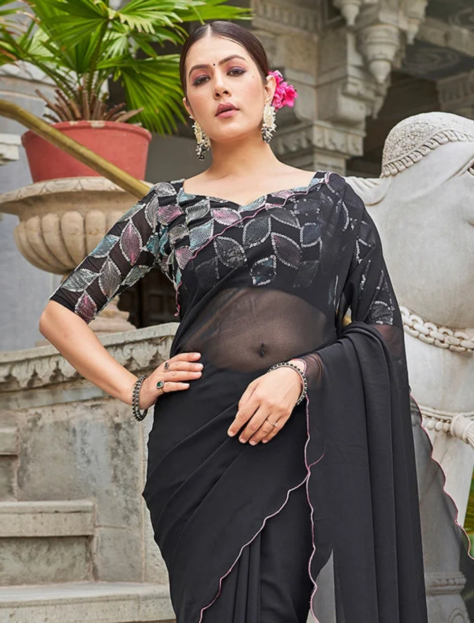 TAGALE Embroidered Bollywood Georgette Saree(Black)