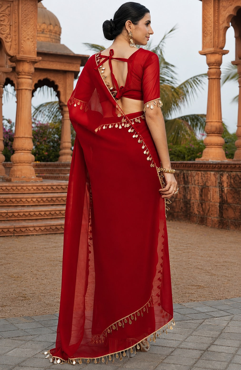 Elegant Party Wear Red Georgette Saree