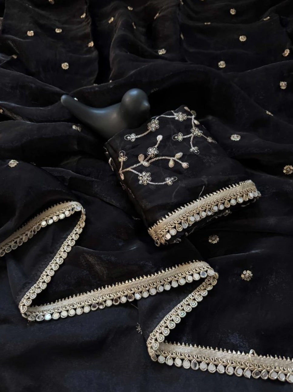 Black Fendy Satin Saree with Heavy Embroidered Blouse | Mirror Work & Gota Patti Designer Saree