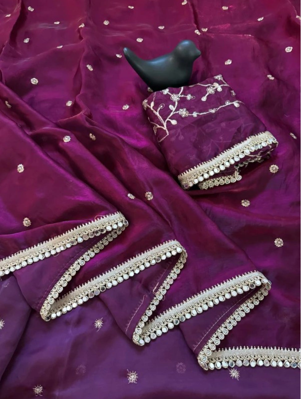 Purple Fendy Satin Saree with Heavy Embroidered Blouse | Mirror Work & Gota Patti Designer Saree