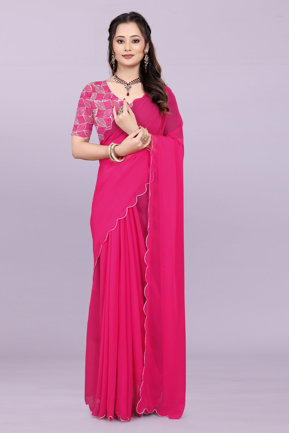 TAGALE Embroidered Bollywood Georgette Saree(Dark Pink)