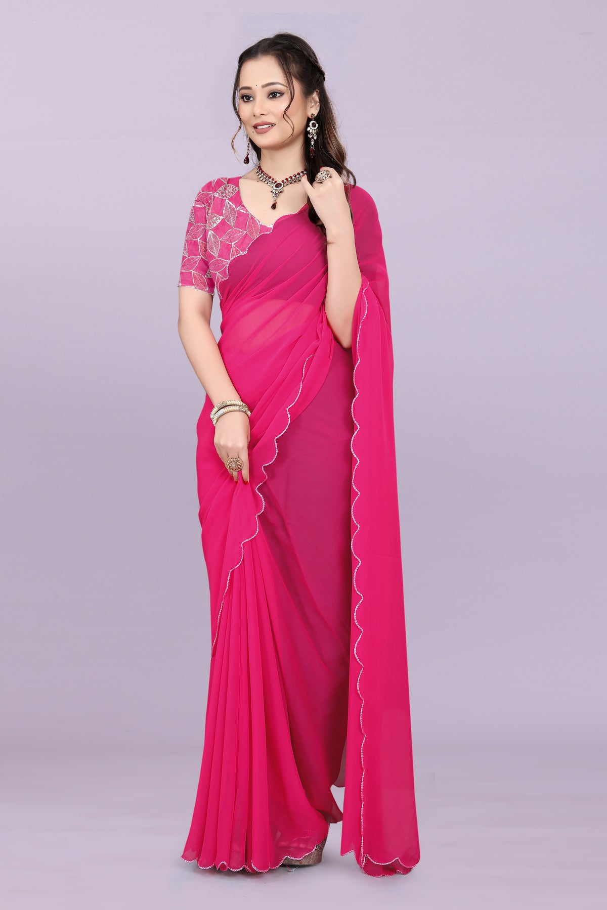 TAGALE Embroidered Bollywood Georgette Saree(Dark Pink)