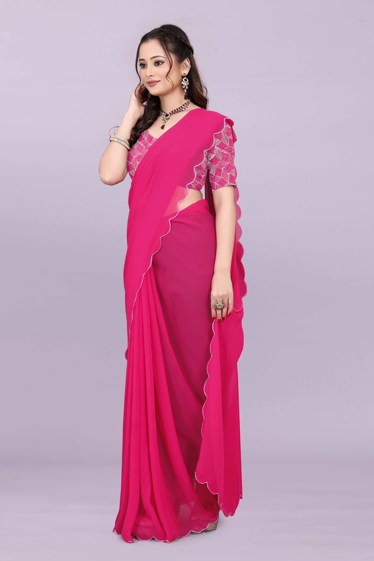 TAGALE Embroidered Bollywood Georgette Saree(Dark Pink)