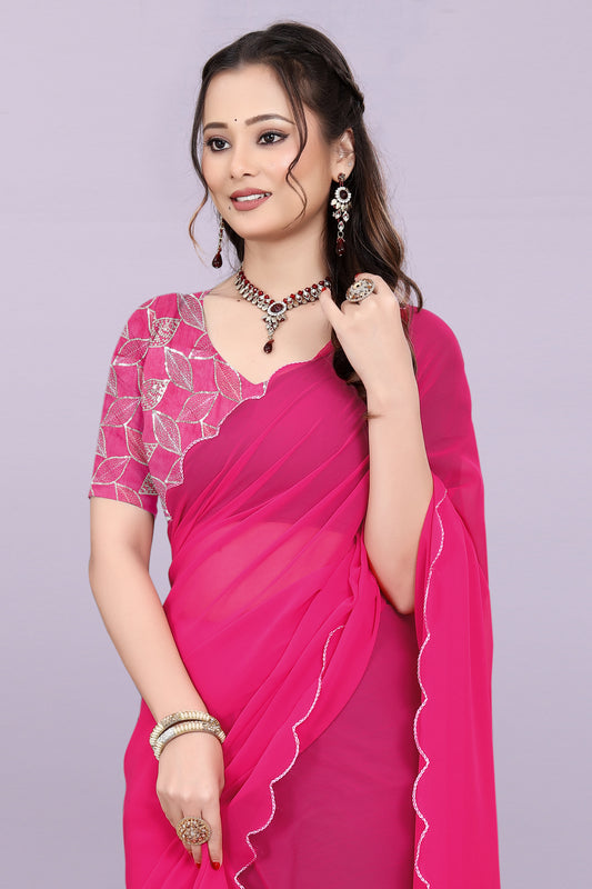 TAGALE Embroidered Bollywood Georgette Saree(Dark Pink)