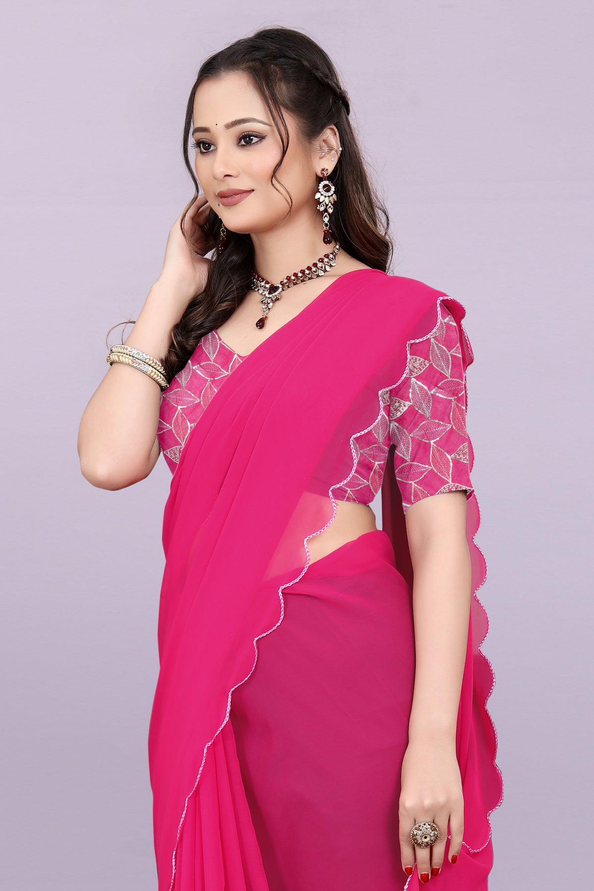 TAGALE Embroidered Bollywood Georgette Saree(Dark Pink)