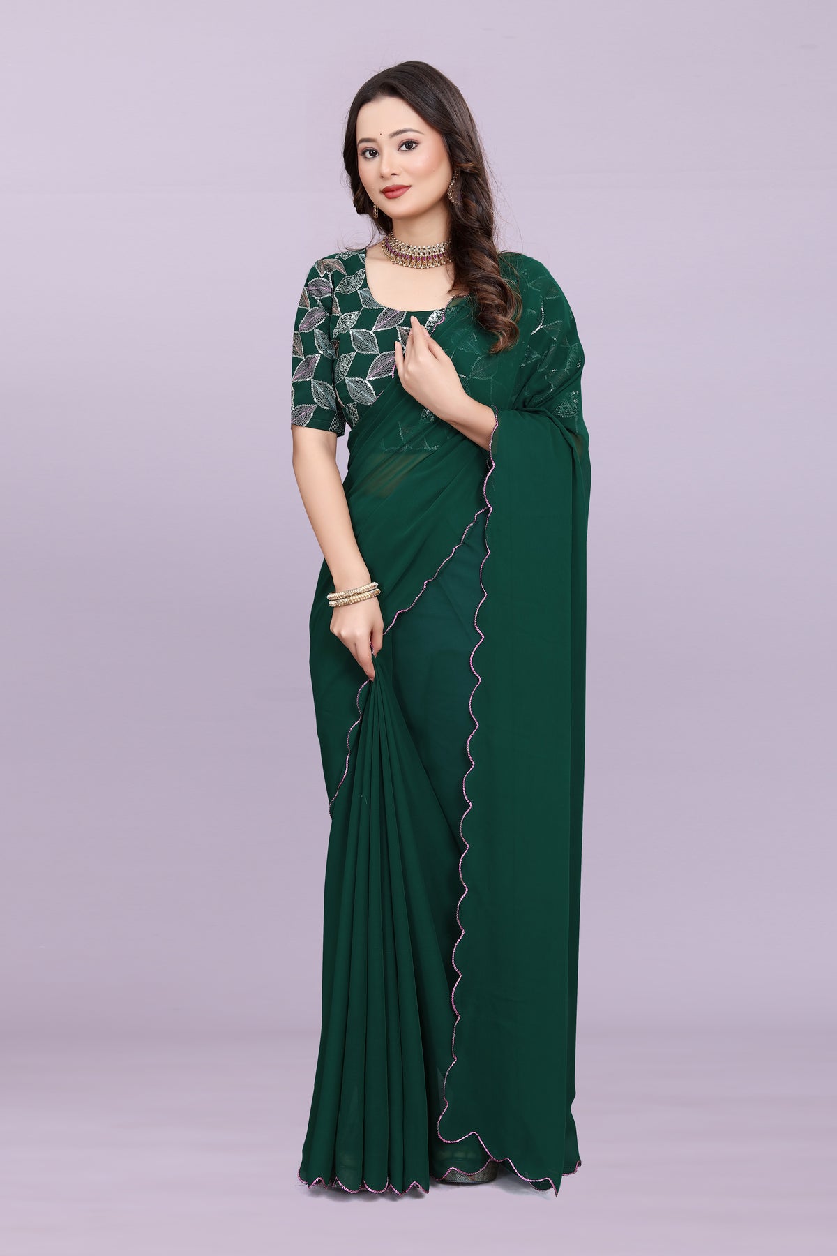 TAGALE Embroidered Bollywood Georgette Saree(Green)
