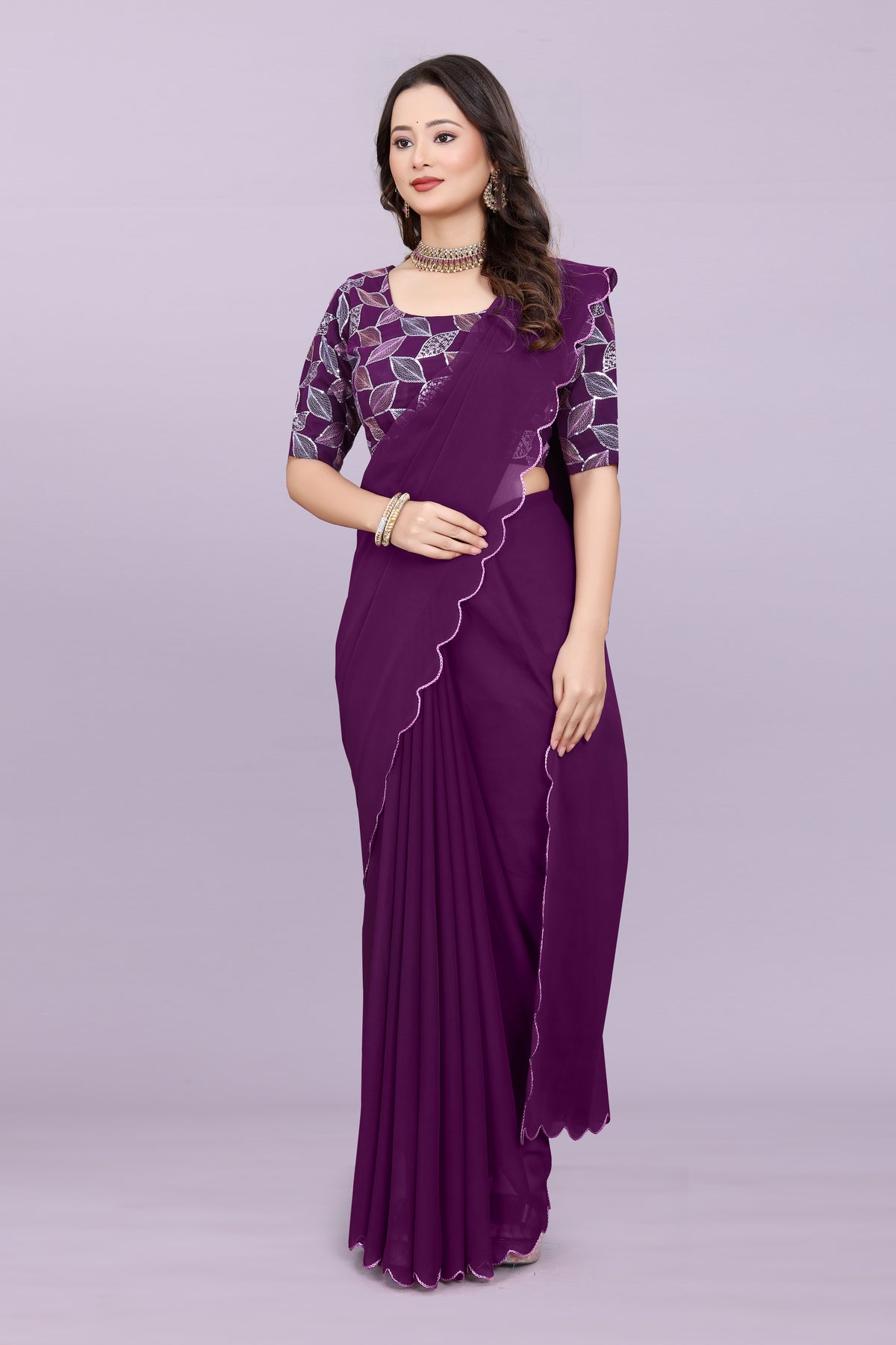TAGALE Embroidered Bollywood Georgette Saree(Purple)