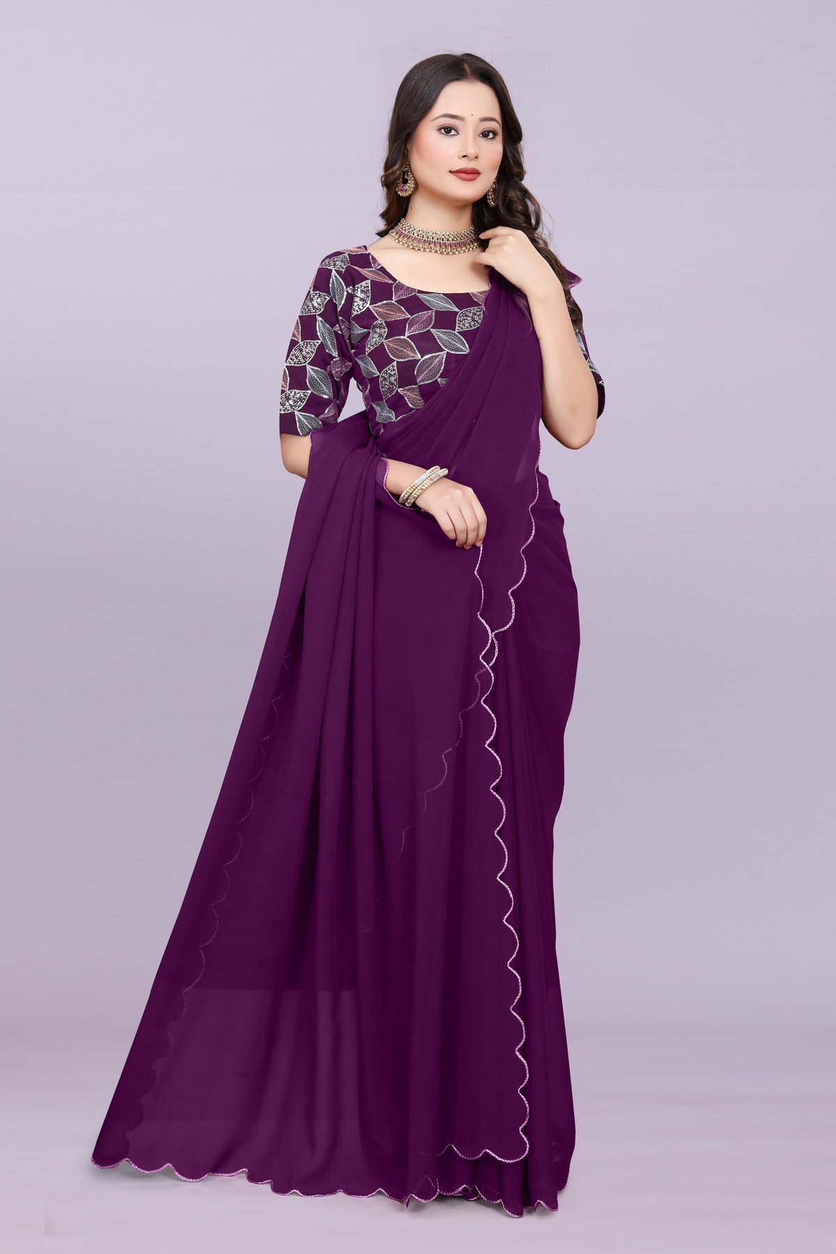 TAGALE Embroidered Bollywood Georgette Saree(Purple)