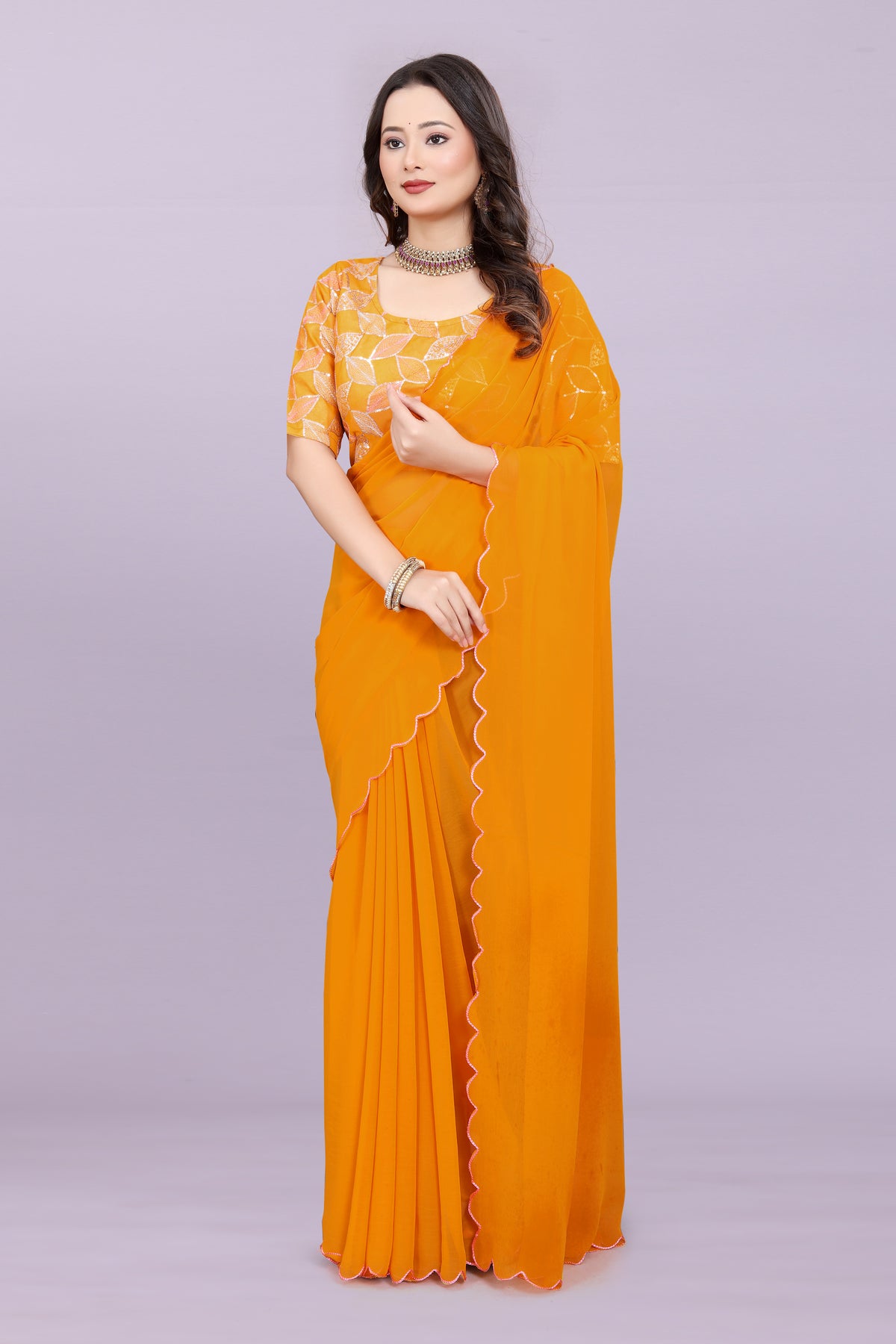 TAGALE Embroidered Bollywood Georgette Saree(Musturd)