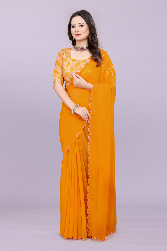 TAGALE Embroidered Bollywood Georgette Saree(Musturd)