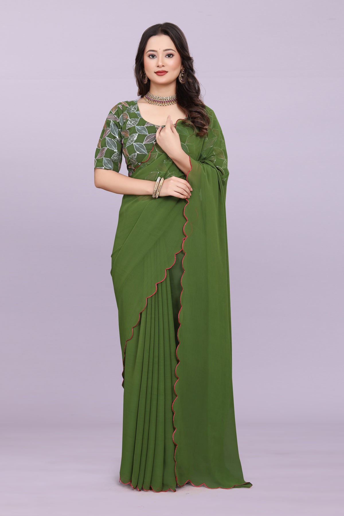 TAGALE Embroidered Bollywood Georgette Saree(Mahendi)