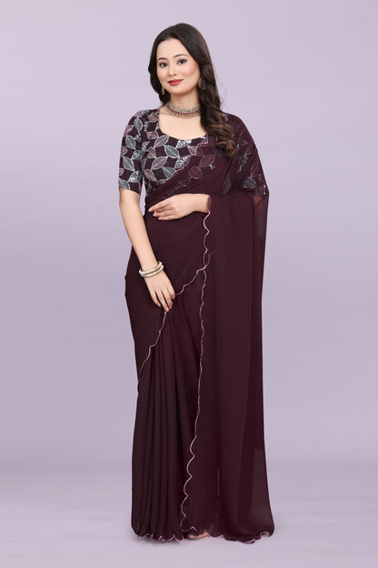TAGALE Embroidered Bollywood Georgette Saree(Coffe)