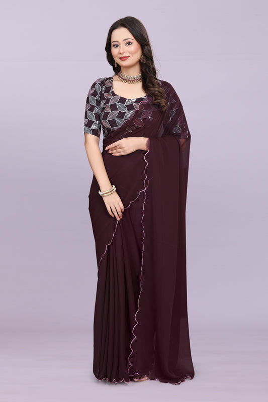 TAGALE Embroidered Bollywood Georgette Saree(Coffe)