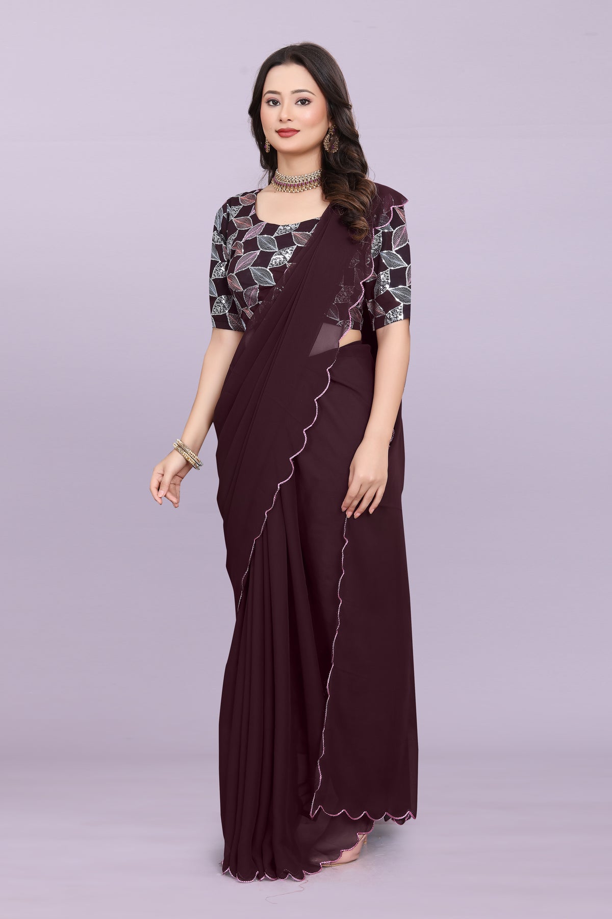 TAGALE Embroidered Bollywood Georgette Saree(Coffe)
