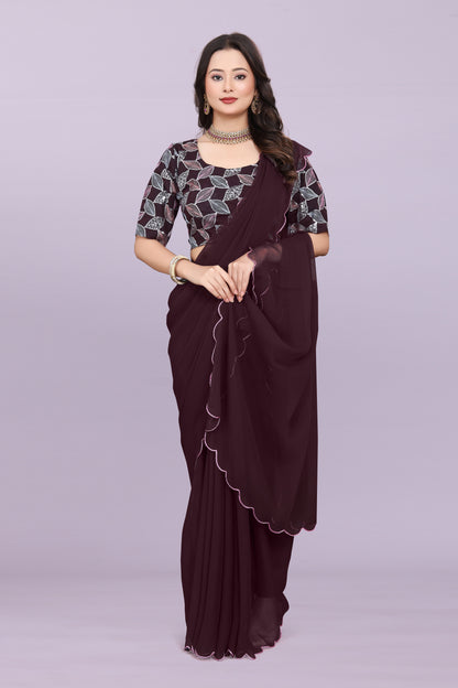 TAGALE Embroidered Bollywood Georgette Saree(Coffe)