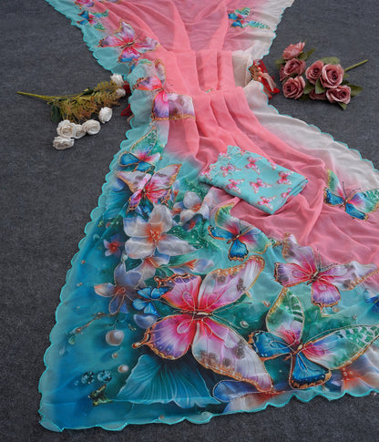 Aqua Blue & Pink Floral Embroidered Saree | Designer Butterfly Print Georgette Saree for Women | Party & Festive Wear