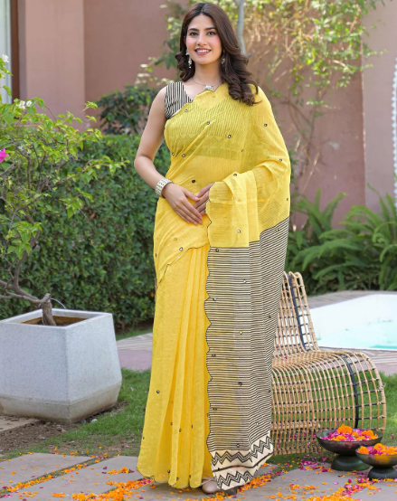 Yellow Linen Mirror Work Printed Saree