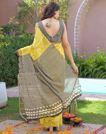 Yellow Linen Mirror Work Printed Saree