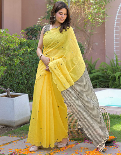 Yellow Linen Mirror Work Printed Saree