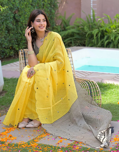 Yellow Linen Mirror Work Printed Saree