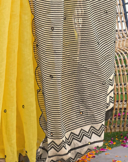 Yellow Linen Mirror Work Printed Saree