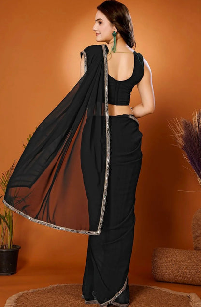 TAGALE Solid/Plain Bollywood Georgette Saree (Black)