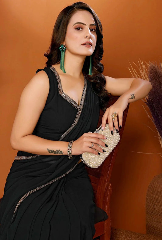 TAGALE Solid/Plain Bollywood Georgette Saree (Black)