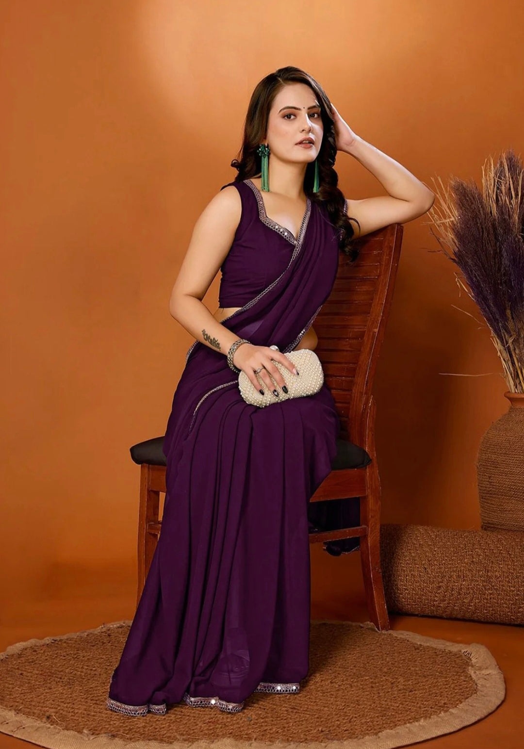 TAGALE Solid/Plain Bollywood Georgette Saree (Purple)