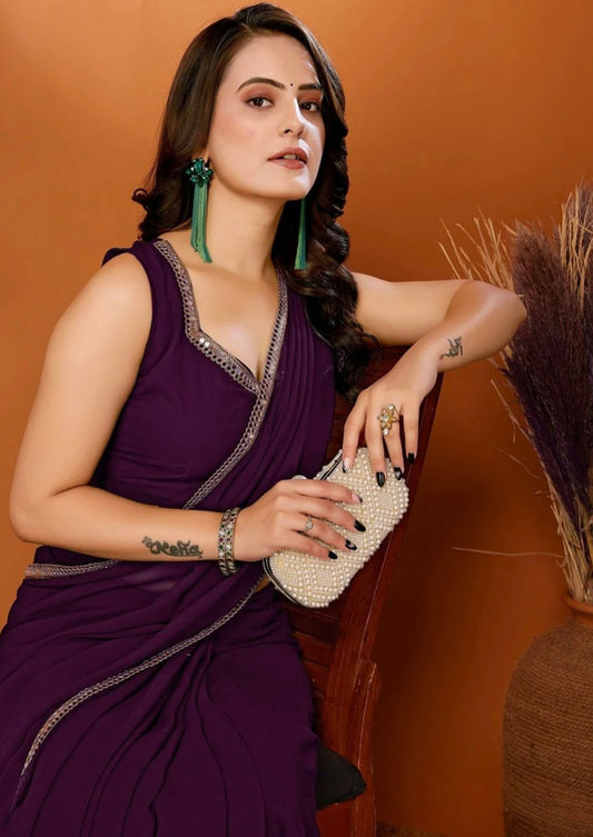 TAGALE Solid/Plain Bollywood Georgette Saree (Purple)