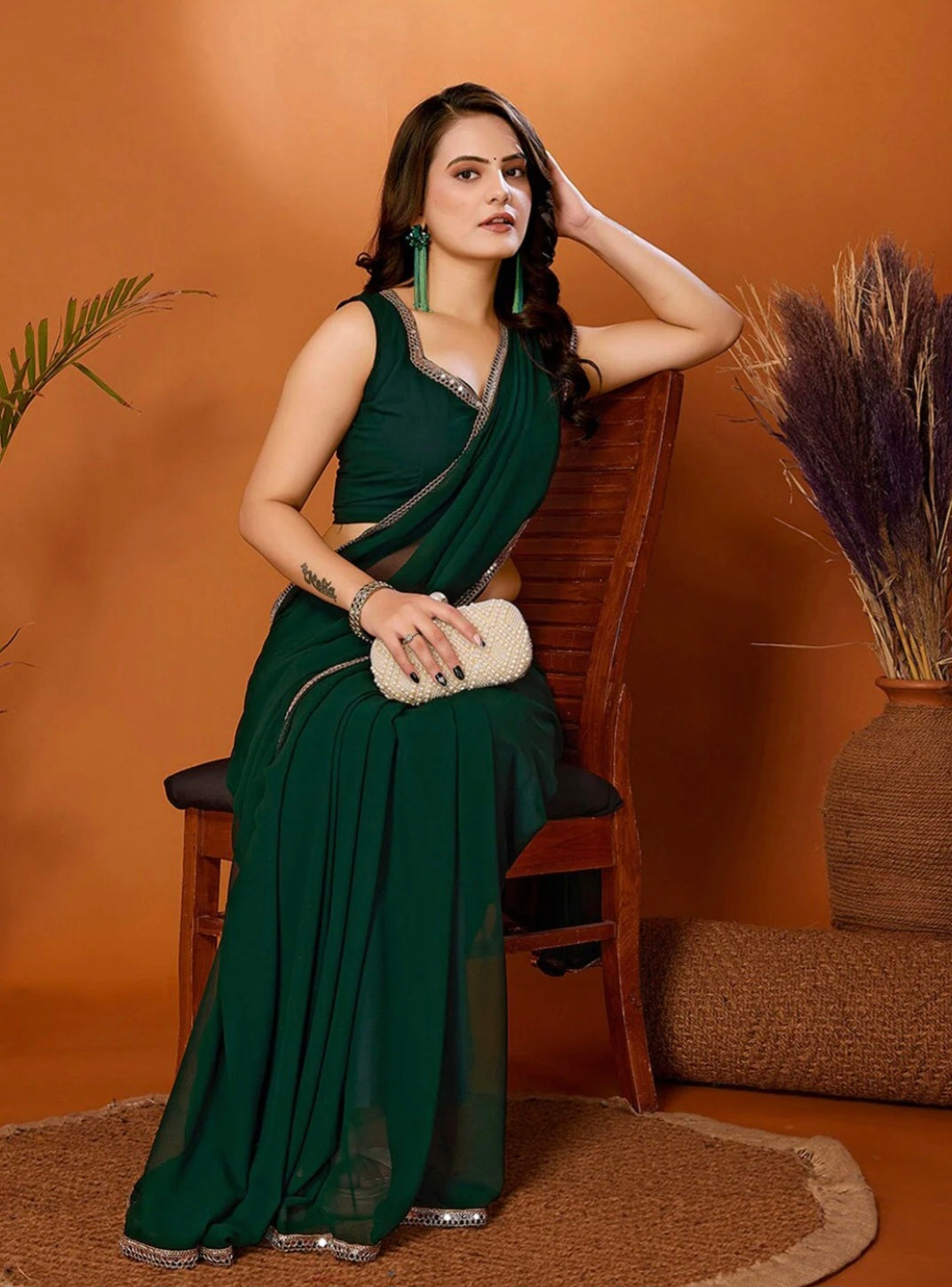 TAGALE Solid/Plain Bollywood Georgette Saree (Green)