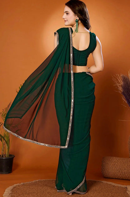 TAGALE Solid/Plain Bollywood Georgette Saree (Green)