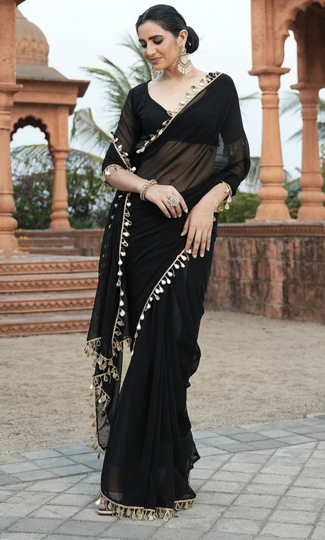 Elegant Party Wear Black Georgette Saree