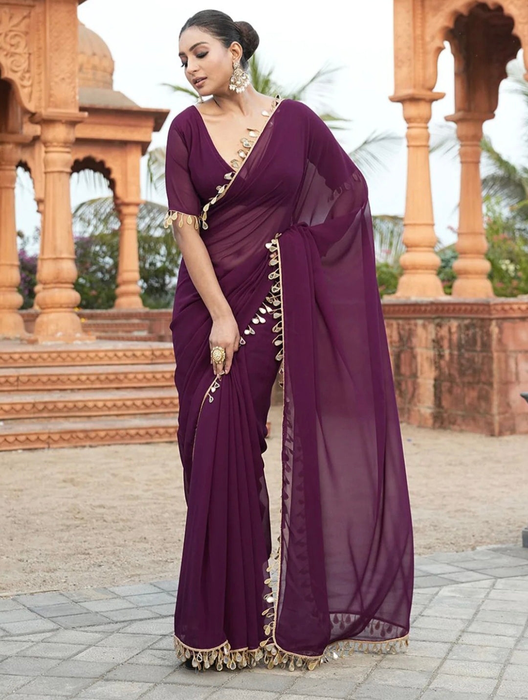 Elegant Party Wear Purple Georgette Saree