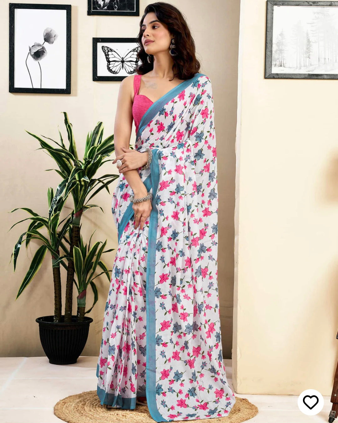 Ready To Wear White Pure Linen Floral Printed Saree With Pocket