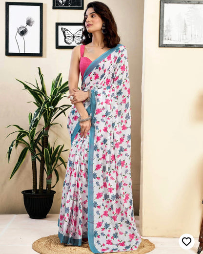 Ready To Wear White Pure Linen Floral Printed Saree With Pocket