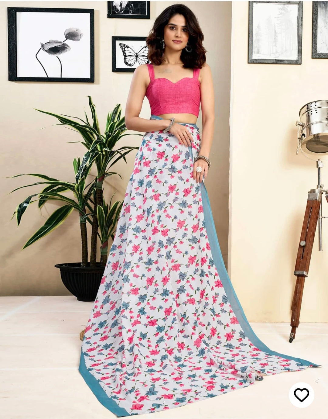 Ready To Wear White Pure Linen Floral Printed Saree With Pocket