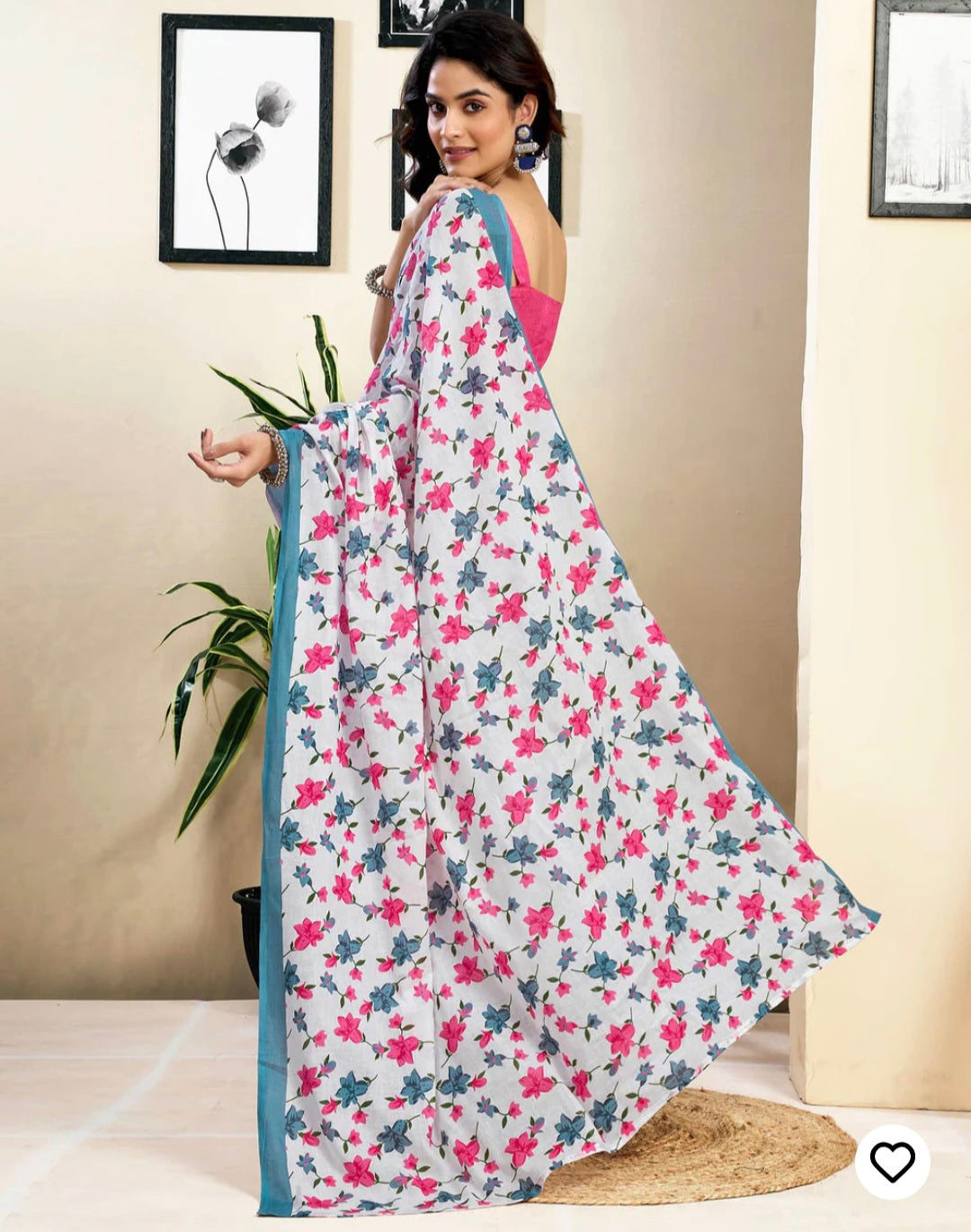 Ready To Wear White Pure Linen Floral Printed Saree With Pocket