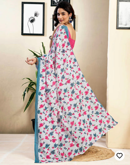 Ready To Wear White Pure Linen Floral Printed Saree With Pocket