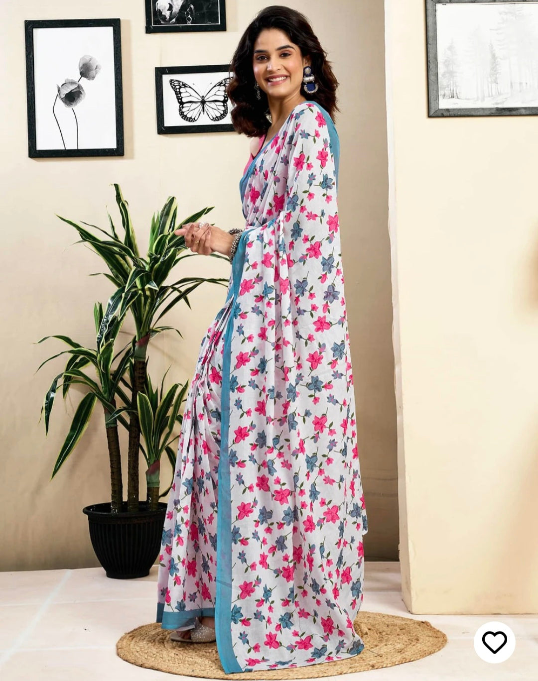 Ready To Wear White Pure Linen Floral Printed Saree With Pocket