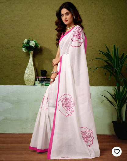 Ready To Wear Off White Linen Printed Saree