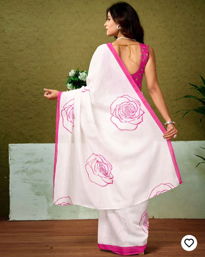 Ready To Wear Off White Linen Printed Saree