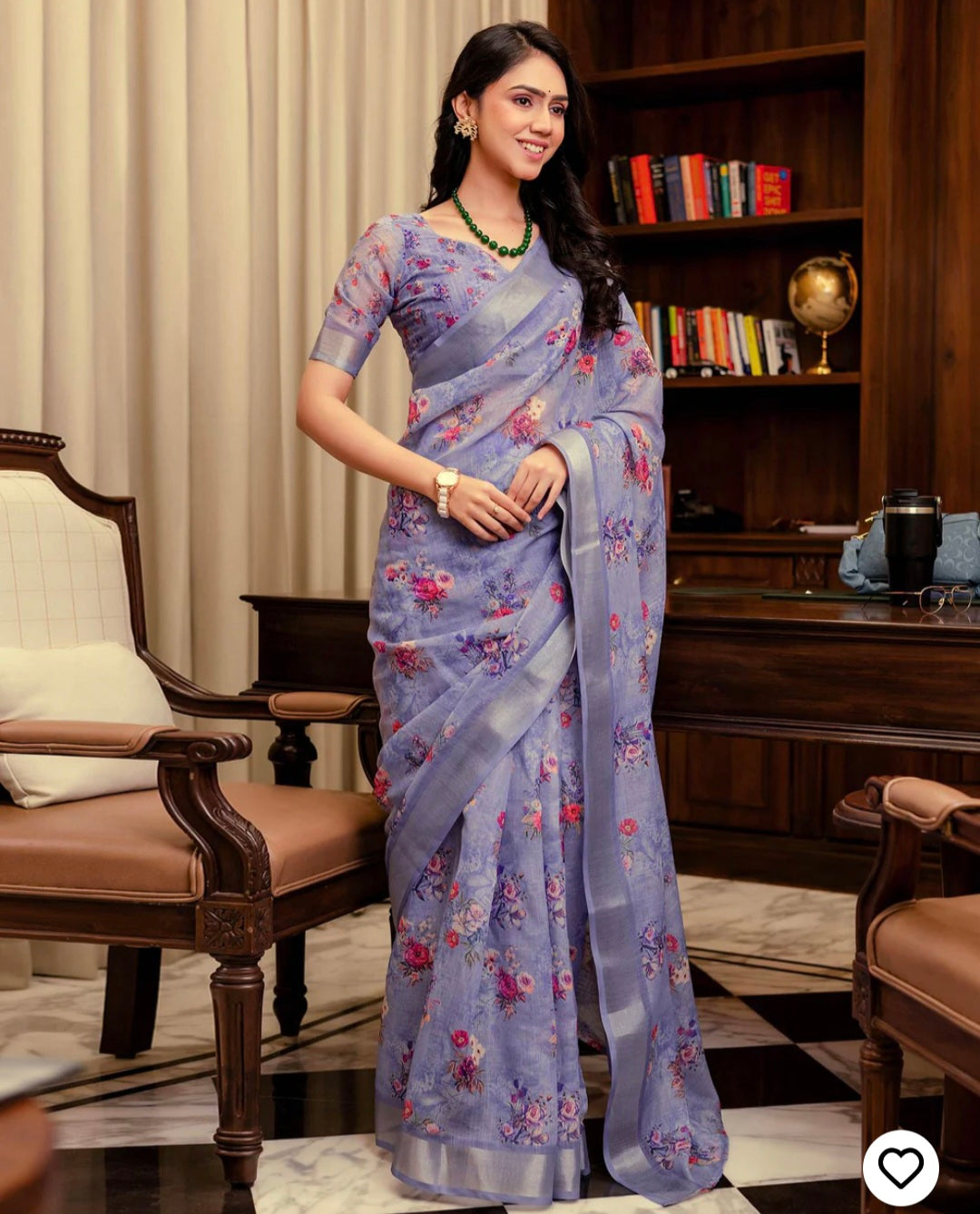 Ready To Wear Lavender Linen Woven Border Floral Printed Saree