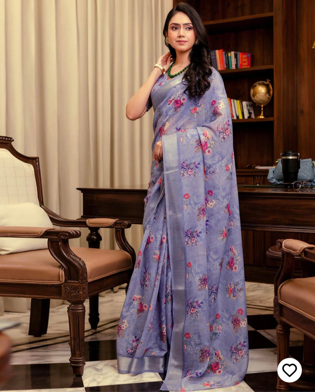Ready To Wear Lavender Linen Woven Border Floral Printed Saree