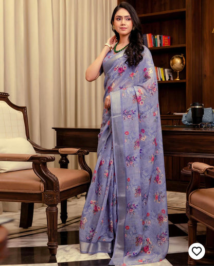 Ready To Wear Lavender Linen Woven Border Floral Printed Saree