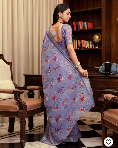 Ready To Wear Lavender Linen Woven Border Floral Printed Saree