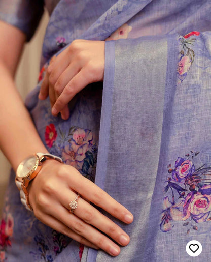 Ready To Wear Lavender Linen Woven Border Floral Printed Saree