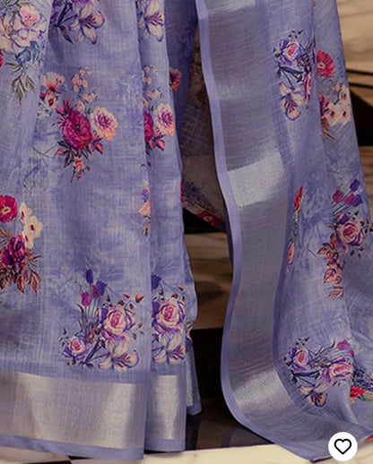 Ready To Wear Lavender Linen Woven Border Floral Printed Saree