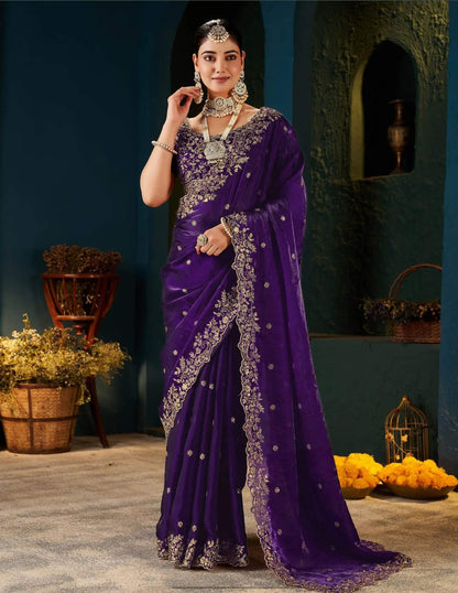 Purple Tissue Satin Sequence Embroidery Saree