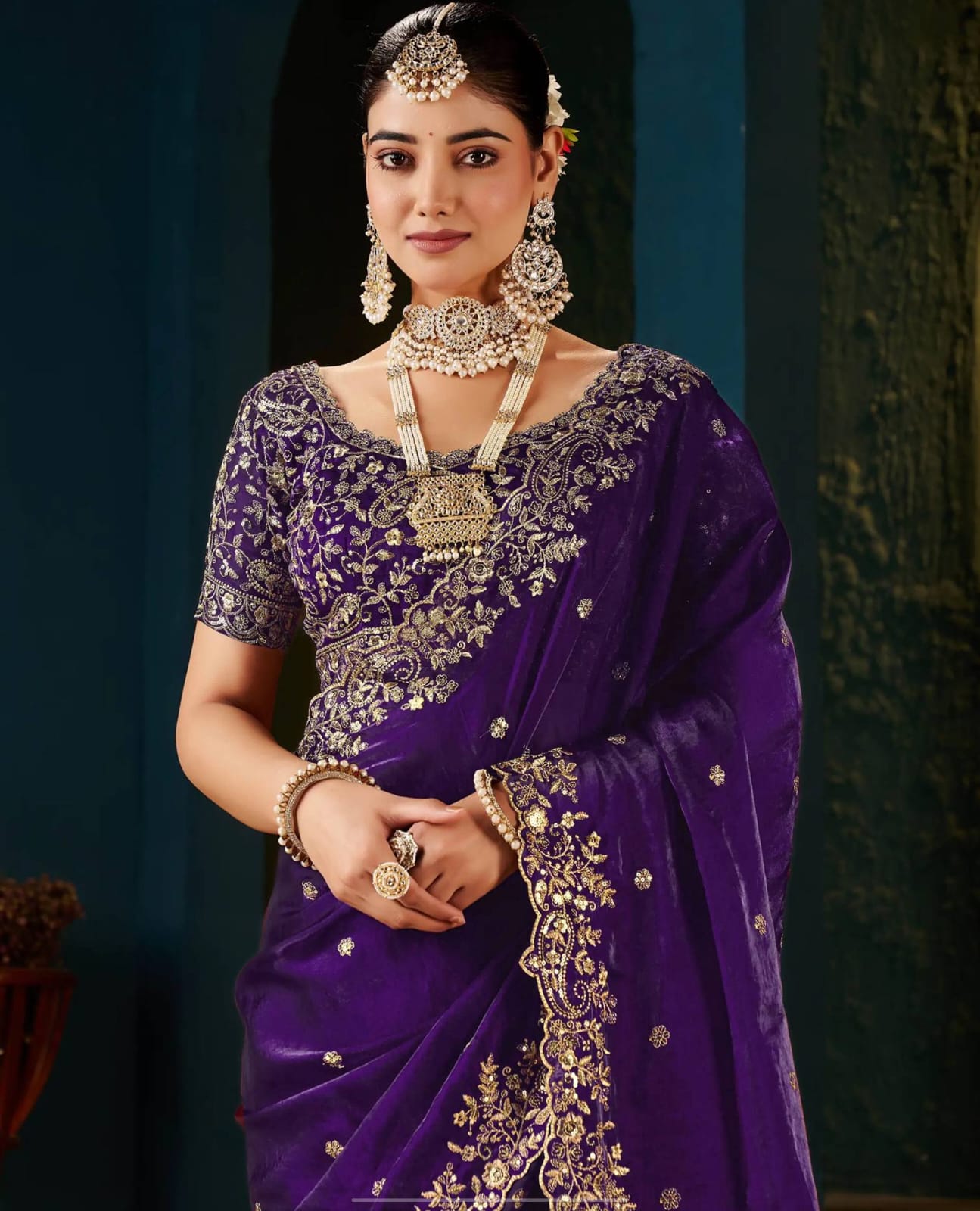 Purple Tissue Satin Sequence Embroidery Saree